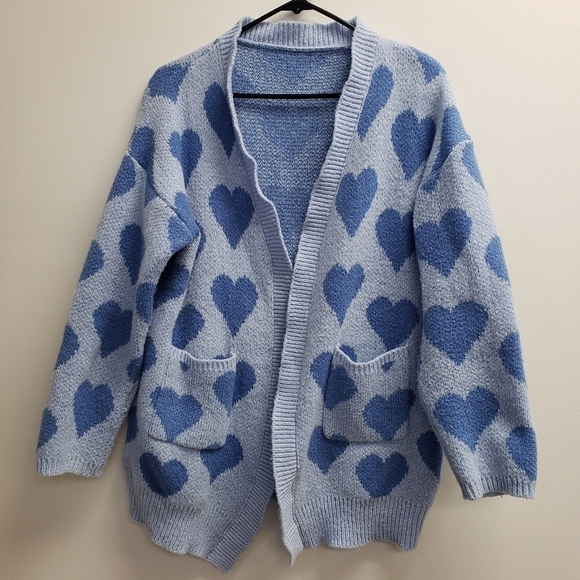 SHEIN Sweaters - Shein Womens Hearts Blue Cardigan Sweater Knit Size Small